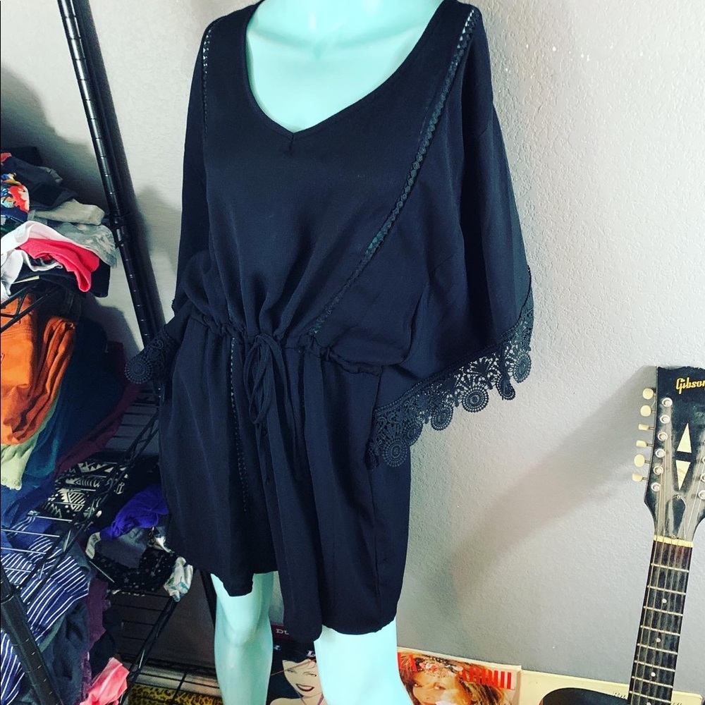 🖤 NWT Wearabouts FRINGE Boho Bell Sleeved Mini DRESS BLACK HIPPIE GOTHIC
